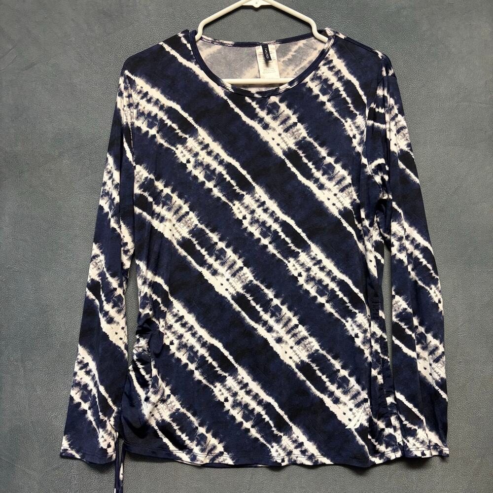 Nautica Tie Dye Long Sleeve Top Navy White Ruched Side Large Hippy Boho Casual